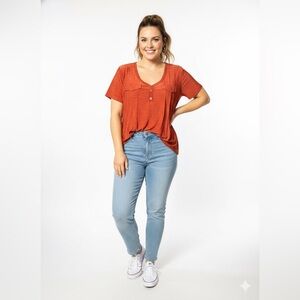 Elie McCarthy Rust Orange Blouse 1X Plus Size Stretch Pleated Career Top NWT